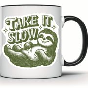 Take It Slow Sloth Mug - Cute & Funny Animal Coffee Mug Gift for Sloth Lovers - Unique Relaxing Coffee Lover Present - 11 Ounce Black Rim Handle Novelty Coffee Cup - WMUG0807-Black Rim