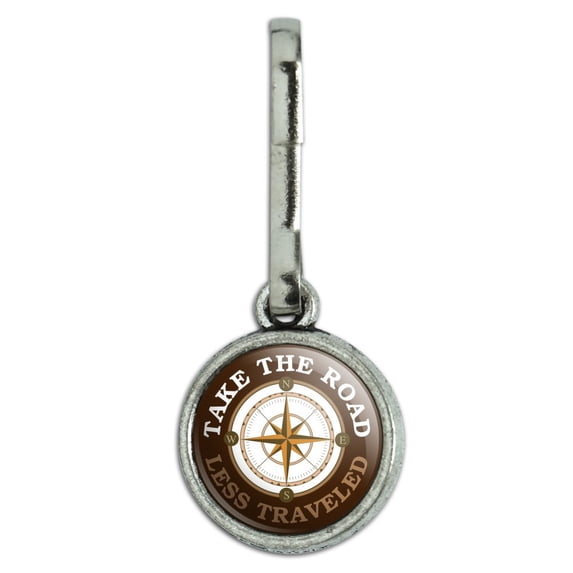 Take The Road Less Traveled Compass Antiqued Charm Clothes Purse Suitcase Backpack Zipper Pull Aid