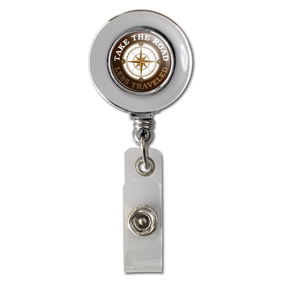 Take The Road Less Traveled Compass Retractable Reel Chrome Badge ID Card Holder Clip