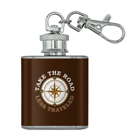 Take The Road Less Traveled Compass Stainless Steel 1oz Mini Flask Key Chain