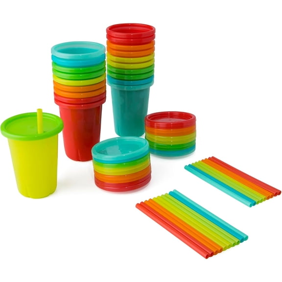 Take & Toss Straw Cups - Spill-Proof Kids Cups with Snap-On Lids and Straws - Portable and Dishwasher Safe Party Pack - Rainbow - 10 Oz - 20 Count - Ages 18 Months and Up