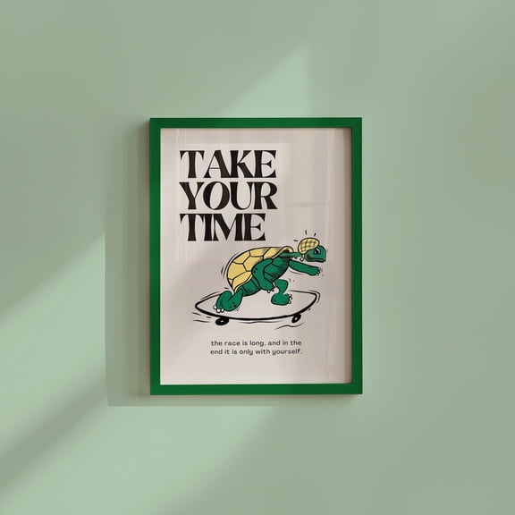 Take Your Time Turtle Retro Cartoon Animal Wall Art Print, Versatile Nature Inspired Theme For Home And Living Room Decor