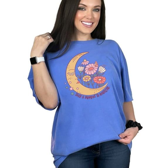 Take a Moment to Breathe, Boho Moon & Flowers Art, Flo Blue Comfort Colors T-Shirt, 3XL