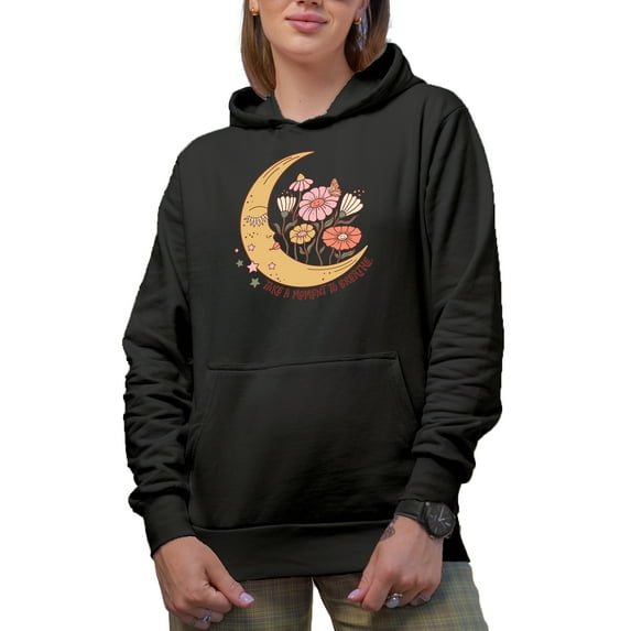 Take a Moment to Breathe, Boho Moon & Flowers Art Merch Gift, Black Hooded Sweatshirt or Hoodie, Small