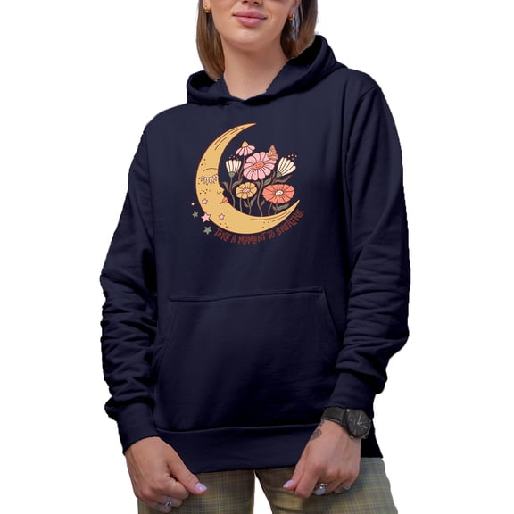 Take a Moment to Breathe, Boho Moon & Flowers Art Merch Gift, Navy Blue Hooded Sweatshirt or Hoodie, Large