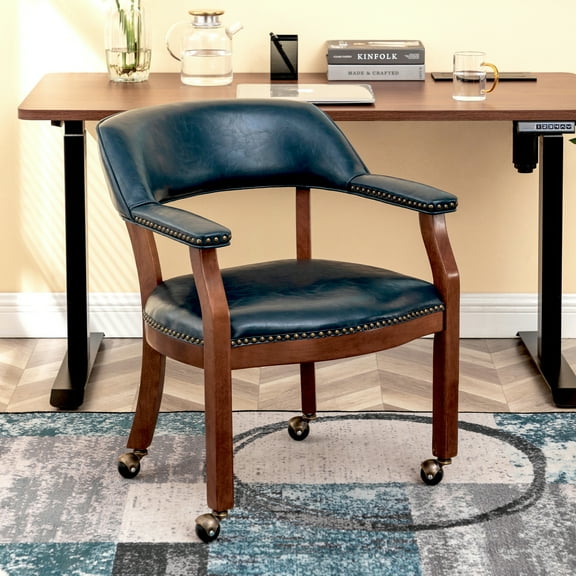 Take a Seat Dillon Armchair with Wheels in Blue Vegan Leather Fabric and Wood