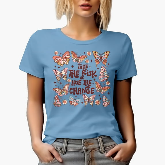 Take the Risk or Lose the Change, Retro Butterfly Art Merch Gift, Baby Blue T-Shirt, Large
