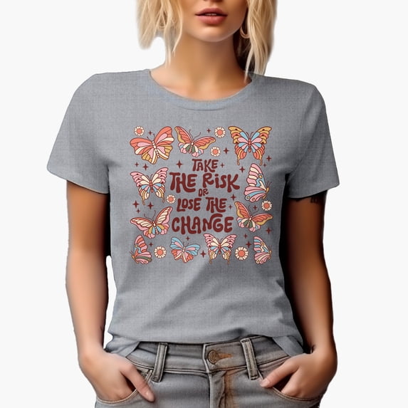 Take the Risk or Lose the Change, Retro Butterfly Art Merch Gift, Heather Grey T-Shirt, 3XL
