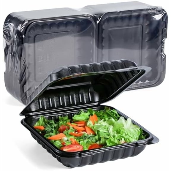 Takeout Containers 8 Inch 34 oz 55 Pack - Mineral Filled BPA Free Polypropylene Plastic | Shrink Wrapped Freezer & Microwave Safe | Black Reusable Hinged Clamshell Food Container