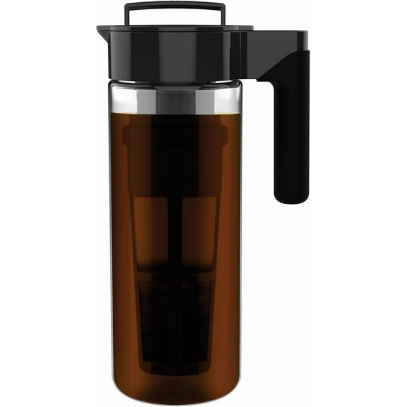 Takeya Glass Cold Brew Coffee Maker for Iced Coffee, Airtight Pitcher, 2 Quart, Black Lid and Handle