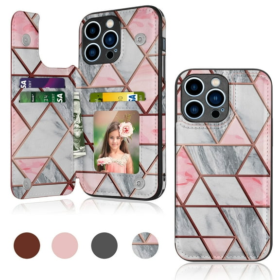 Takfox For Apple iPhone 14/14 Pro/14 Plus/14 Pro Max Wallet Case,With Card Slots Holder PU Leather Folio Flip Snap Closure Kickstand TPU Frame Bumper Cover,Rose Gold Marble