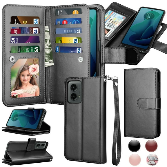 Takfox Moto G 5G 2024 Case, for Motorola Moto G Play 5G 2024 Wallet Case, PU Leather w Credit Card Holder Flip Cover [9 Card Slots][Kickstand] Magnetic Detachable Hard Case & Strap -Black
