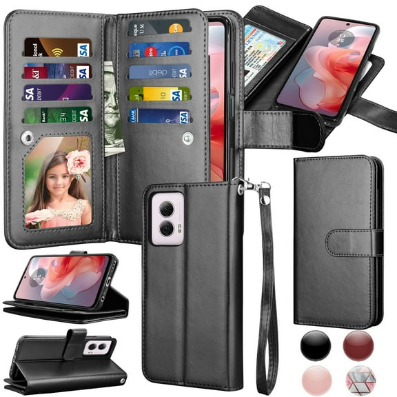 Takfox Moto G Power 5G 2024 Case, for Motorola Moto G Power 5G 2024 Wallet Case, PU Leather w Credit Card Holder Flip Cover [9 Card Slots][Kickstand] Magnetic Detachable Hard Case & Strap -Black