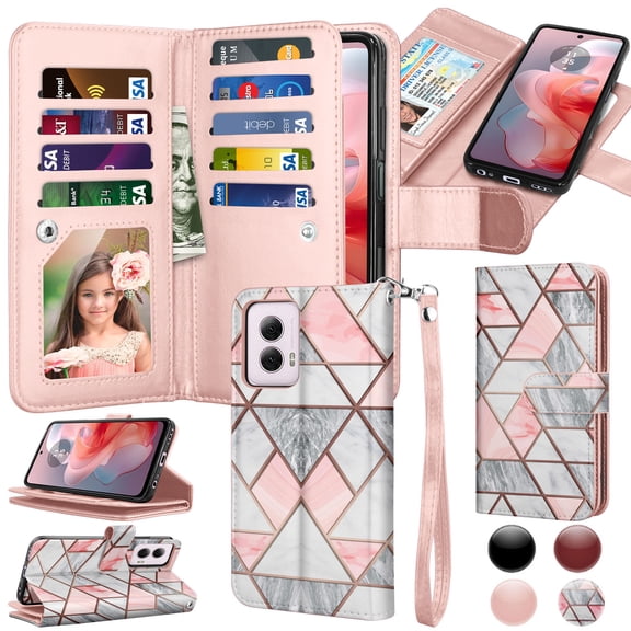 Takfox Moto G Power 5G 2024 Case, for Motorola Moto G Power 5G 2024 Wallet Case, PU Leather w Credit Card Holder Flip Cover [9 Card Slots][Kickstand] Magnetic Detachable Hard Case & Strap -Marble