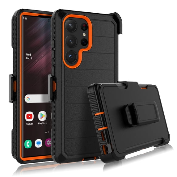 Takfox for Samsung Galaxy S23 Ultra/S23 Plus/S23 Case with Belt Clip Holster Military Grade Heavy Duty Protection 3 in 1 Shockproof Armor Rugged Durable for Galaxy S23 Ultra Phone - Black+Orange
