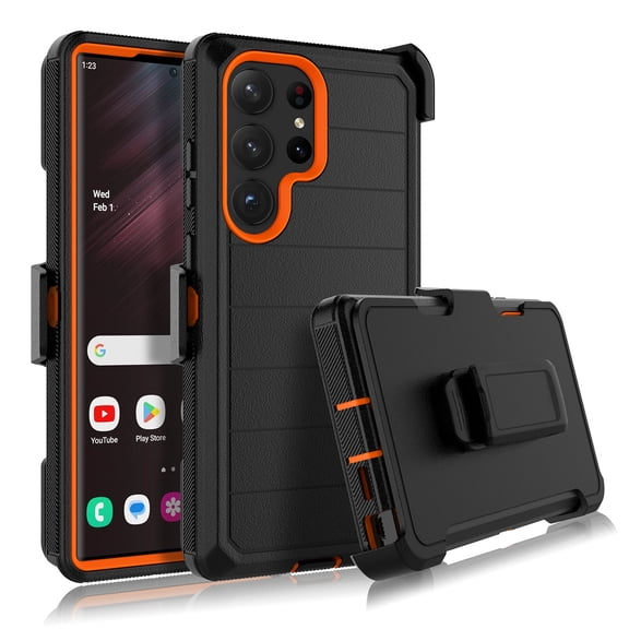 Takfox for Samsung Galaxy S23 Ultra/S23 Plus/S23 Case with Belt Clip Holster Military Grade Heavy Duty Protection 3 in 1 Shockproof Armor Rugged Durable for Galaxy S23 Ultra Phone - Black+Orange