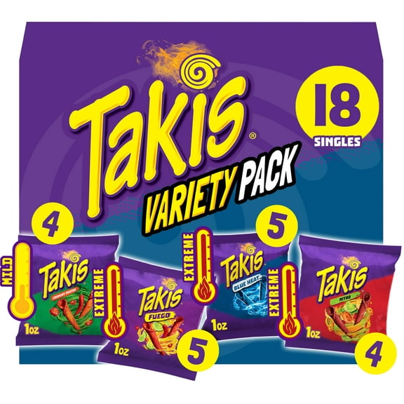 Takis 18 pc / 1 oz Variety MDH1Pack, Assorted Flavored Mixed Rolled Tortilla Chips - (5) Fuego, (5) Blue Heat, (4) Nitro, (4) Crunchy Fajitas