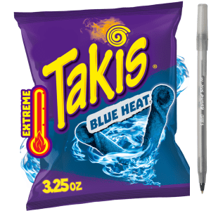 Takis Blue Heat 3.25 oz Snack Size Bag, Hot Chili Pepper Flavored Extreme Spicy Rolled Tortilla Chips with pan
