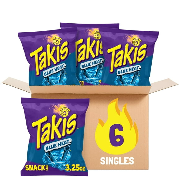 Takis Blue Heat 6 MFF30 pc / 3.25 oz Snack Size Case, Hot Chili Pepper Flavored Extreme Spicy Rolled Tortilla Chips