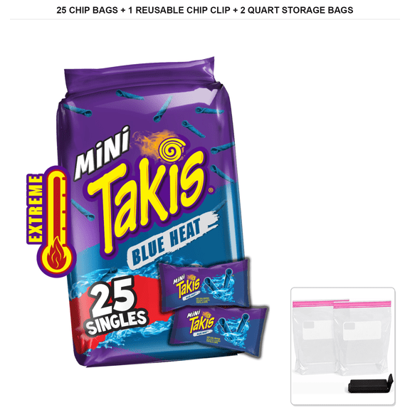 Takis Blue Heat Mini Bite-Size Multipack, Hot Chili Pepper Flavored Extreme Spicy Rolled Tortilla Chips, 25 Bags x 1.23 oz + 1x Reusable Chip Clip & 2x Quart Resealable Food Storage Bags