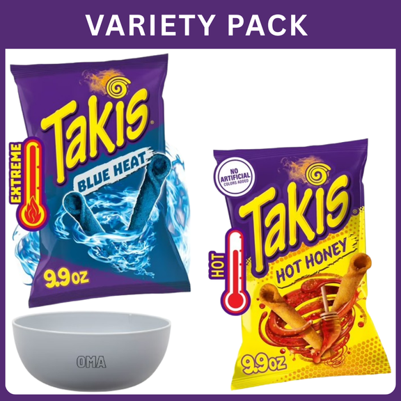 Takis Blue Heat Rolled Tortilla Chips 9.9 oz + Takis Hot Honey Rolled Tortilla Chips 9.9 oz, Variety Pack with Bowl by OMA.