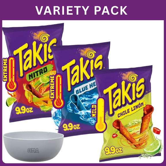 Takis Blue Heat Smokin BBQ & Nitro Rolled Tortilla Chips Variety Pack Hot Spicy Crunchy Snacks Sharing Size Bags 29.7 Oz Total Weight, Variety Pack with Bowl by OMA.