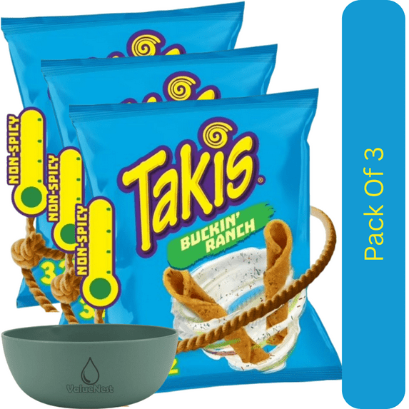 Takis Buckin' Ranch Spicy Rolled Tortilla Chips, Tangy Ranch Twist, 3.25 oz Snack Size Bag With Olive Green Bowl By ValueNest