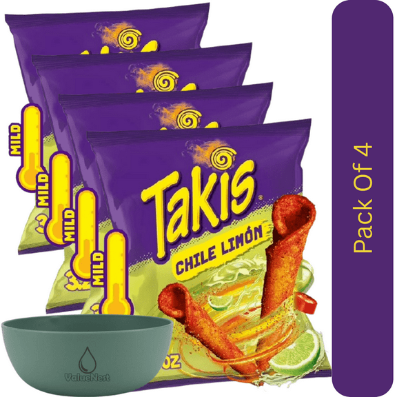 Takis Chile Limn Crunchy Rolled Tortilla Chips, Hot Chili Pepper & Lime, 3.25 oz Snack Size Bag With Olive Green Bowl By ValueNest