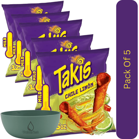 Takis Chile Limn Fiery Rolled Tortilla Chips, Chili & Lime Kick, 3.25 oz Snack Size Bag With Olive Green Bowl By ValueNest