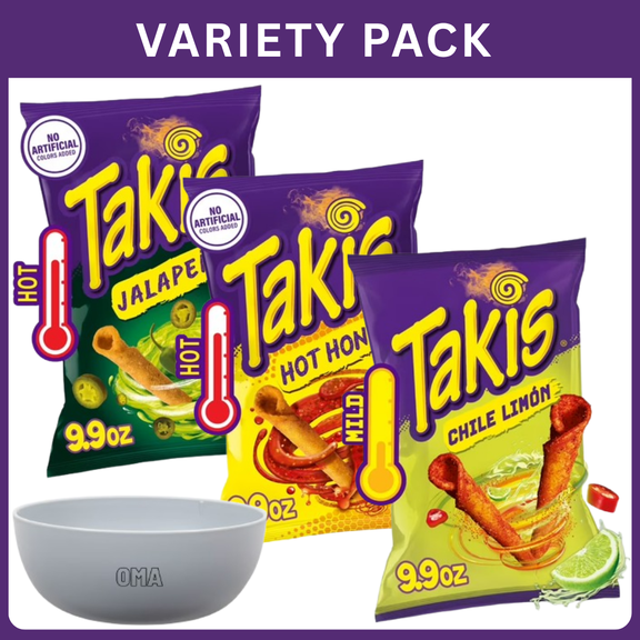 Takis Chile Limon 9.9 oz Sharing Size Bag + Takis Jalapeno 9.9 oz Sharing Size Bag + Takis Hot Honey 9.9 oz Sharing Size Bag ,Variety Pack with Bowl by OMA.
