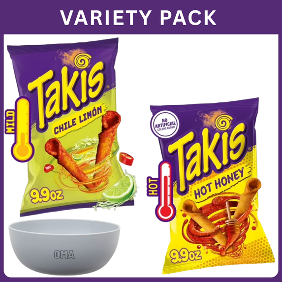 Takis Chile Limon 9.9 oz + Takis Hot Honey 9.9 oz Sharing Size Bag, Variety Pack with Bowl by OMA.