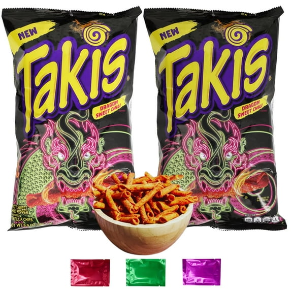 Takis Dragon Sweet Chili Rolled Tortilla Chips, Sweet Chili Pepper Hot Snacks, Movie Night Lunch Hangouts Crisps Crunch Party Snacking Home Office 9.9 oz 2 Packs w/ Bonus Snoep in Beperkte Oplage