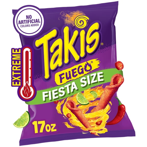 Takis Fuego 17 oz Fiesta Size Bag, Hot Chili Pepper & Lime Rolled Tortilla Chips