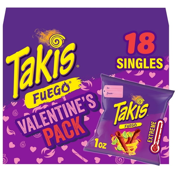 Takis Fuego 18 pc / 1 oz Valentine's Day Multipack, Hot Chili Pepper & Lime Rolled Tortilla Chips