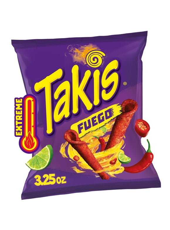 Takis Fuego 3.25 oz Snack Size Bag, Hot Chili Pepper & Lime Rolled Tortilla Chips