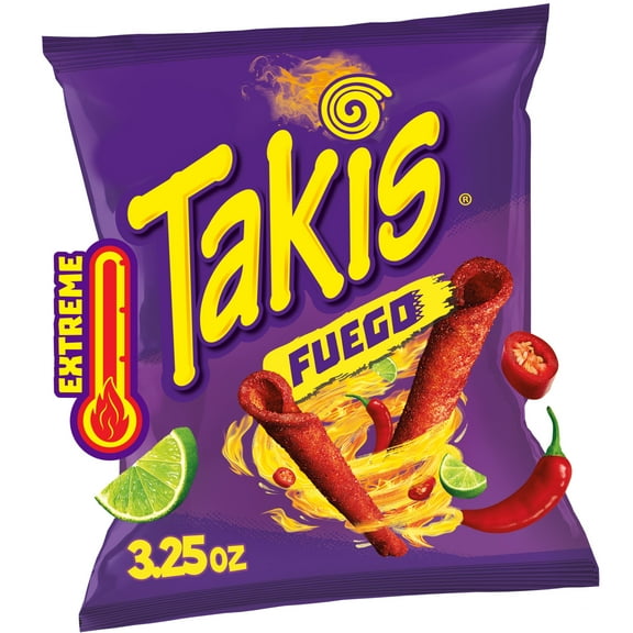 Takis Fuego 3.28 oz Snack Size Bag, Hot Chili Pepper & Lime Rolled Tortilla Chips