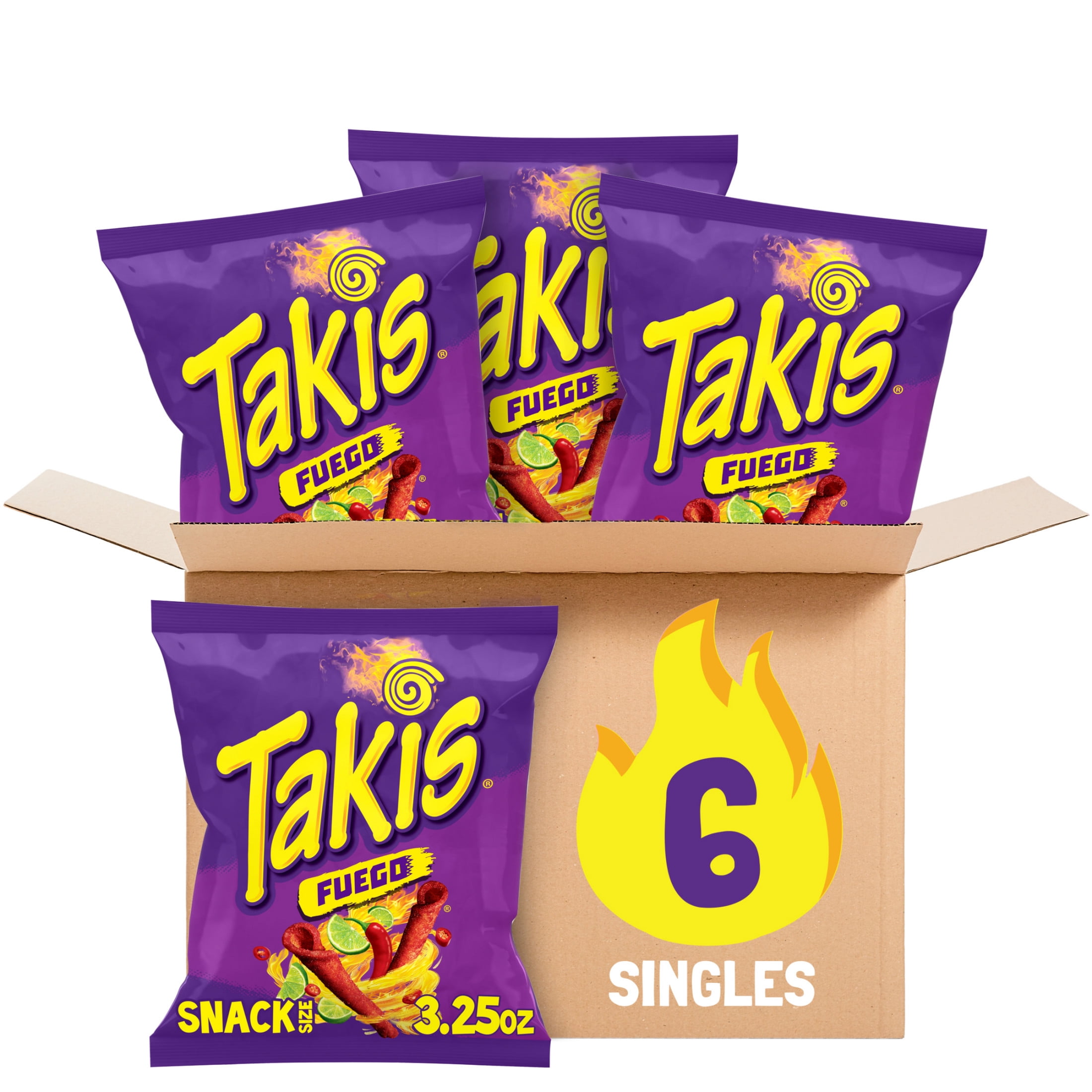 Takis Fuego 6 pc / 3.25 oz Snack Size Case, Hot Chili Pepper & Lime Rolled Tortilla Chips