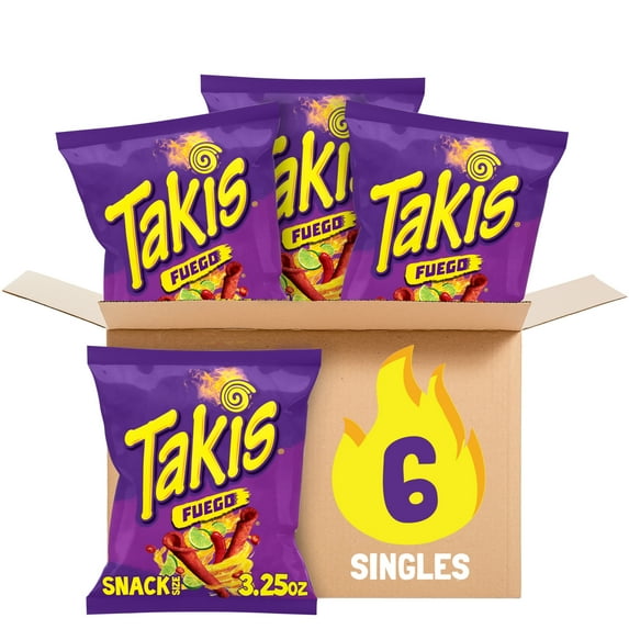 Takis Fuego 6 pc / 3.25 oz Snack Size Case, Hot Chili Pepper & Lime Rolled Tortilla Chips