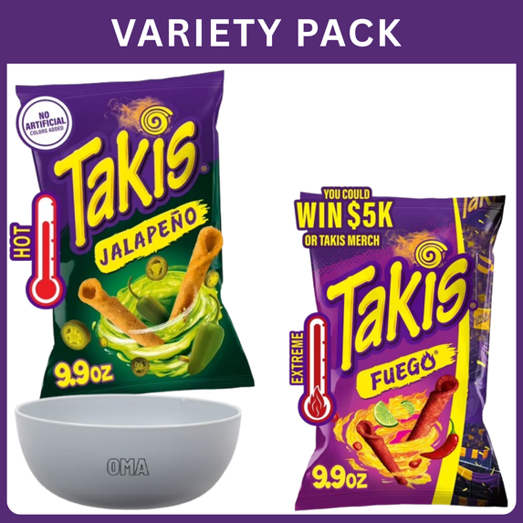 Takis Fuego 9.9 oz Hot Chili Pepper & Lime Rolled Tortilla Chips + Takis Jalapeño 9.9 oz Pickled Jalapeño Rolled Tortilla Chips, Variety Pack with Bowl by OMA.