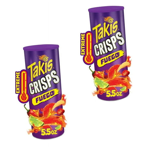 Takis Fuego Crisps Sharing Size Can, Hot Chili Pepper & Lime Potato Crisps,(2PACK )