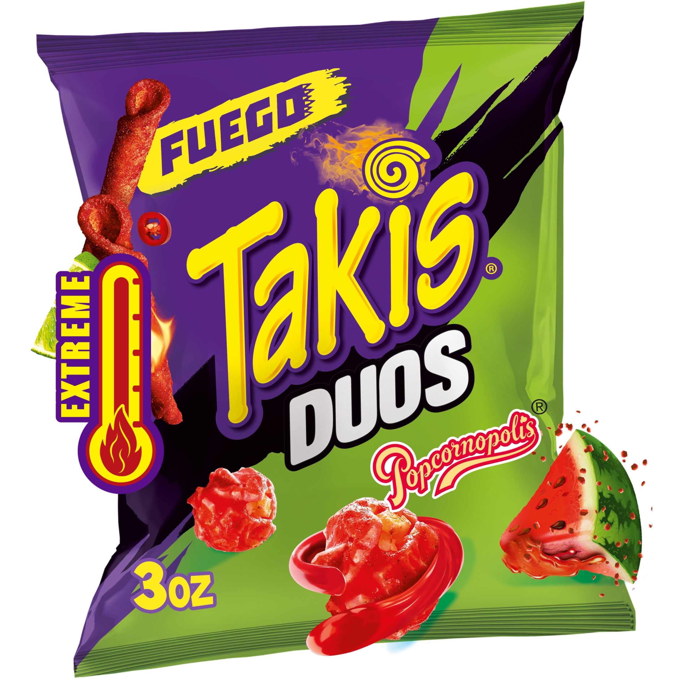 Takis Fuego Duos 3 oz Snack Size Bag, Hot Chili Pepper, Lime & Watermelon Snack Mix
