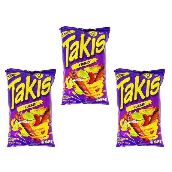 Takis Fuego Hot Chili Pepper & Lime Flavored Corn Snacks 9.9 oz (Pack of 3)