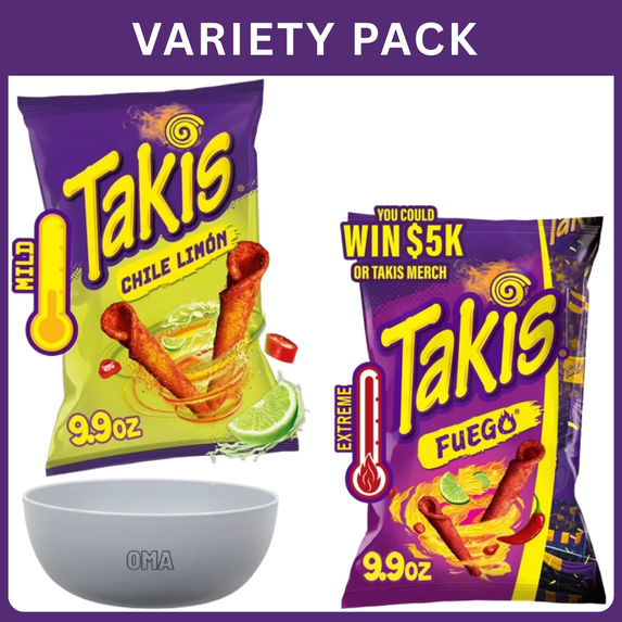 Takis Fuego Hot Chili Pepper & Lime Rolled Tortilla Chips 9.9 oz + Takis Xtreme Lime Rolled Tortilla Chips 9.9 oz, Variety Pack with Bowl by OMA.