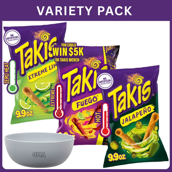 Takis Fuego Hot Chili Pepper-Lime Rolled Tortilla Chips 9.9oz+Takis Xtreme Lime Rolled Tortilla Chips 9.9oz+Takis Jalapeno Pickled Jalapeno Rolled Tortilla Chips 9.9oz, Variety Pack with Bowl by OMA.