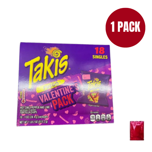 Takis Fuego Hot Chili Pepper Tortilla Chips, 18 Singles (18 x 1 oz), Valentines and Lime Pack with Bonus ONUS LaPrima Morceau Bonbon