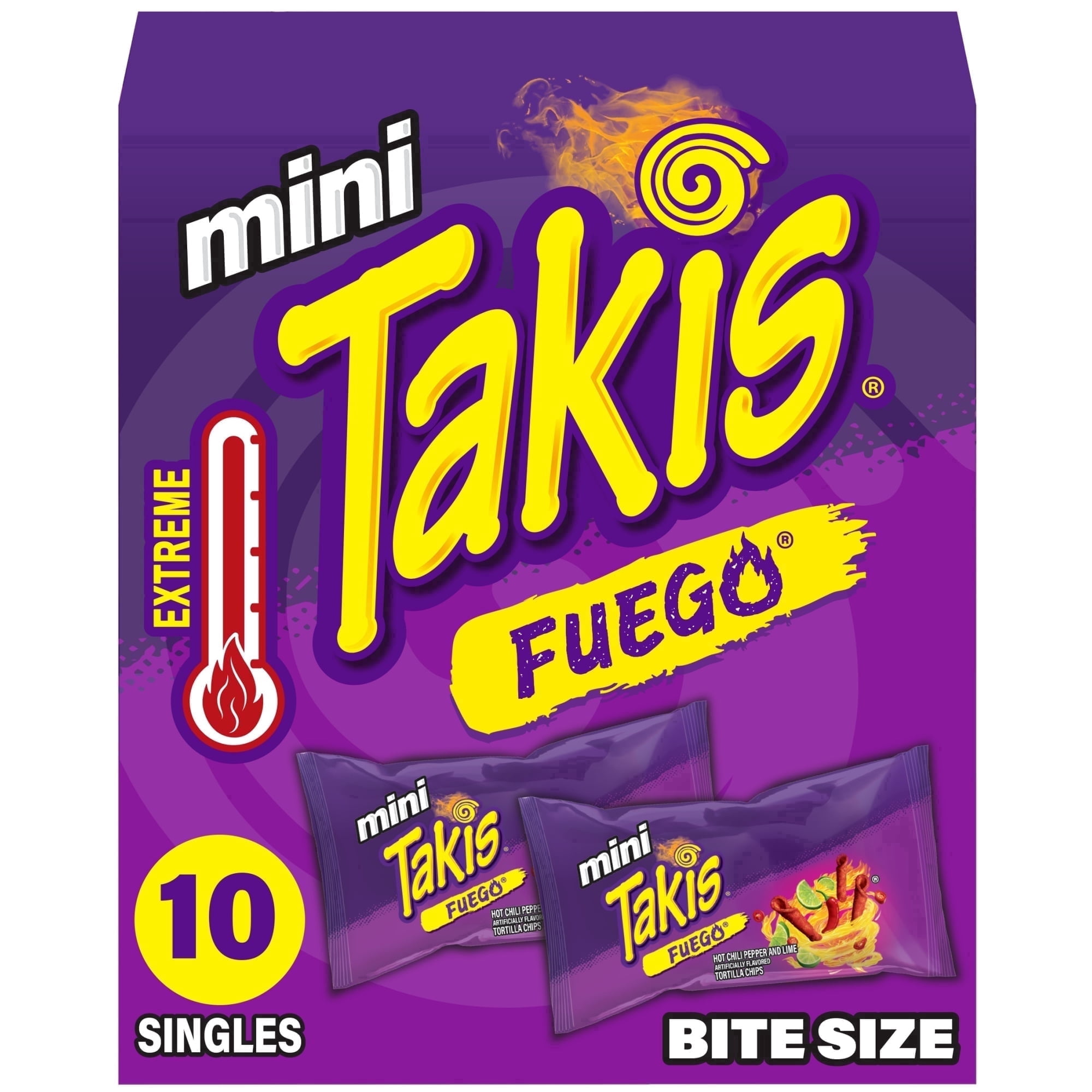 Takis Fuego Mini 10 pc / 1 oz Bite Size Box, Hot Chili Pepper & Lime Rolled Tortilla Chips