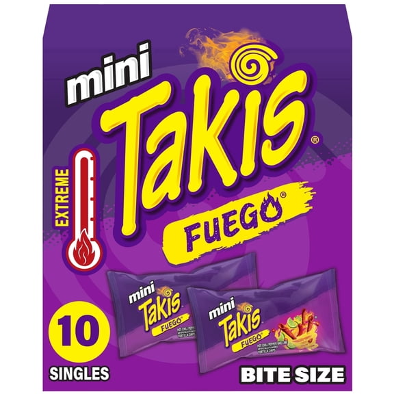 Takis Fuego Mini 10 pc / 1 oz Bite Size Box, Hot Chili Pepper & Lime Rolled Tortilla Chips