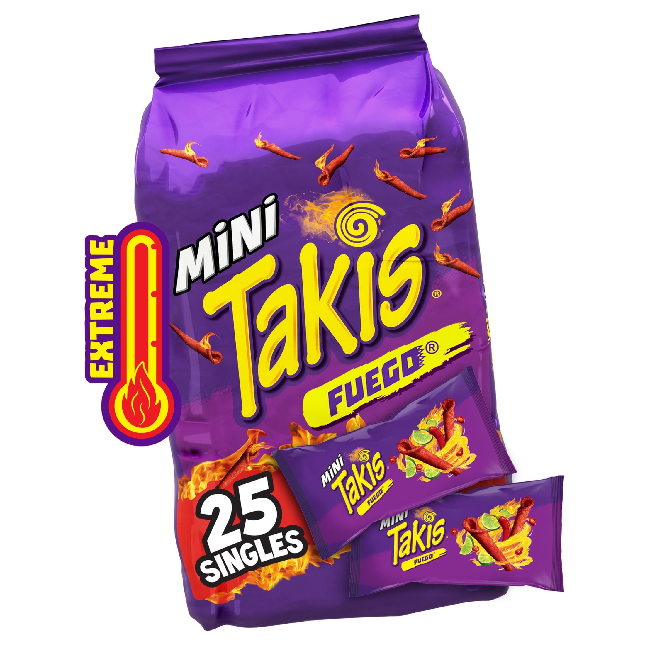 BARCEL Takis Fuego Mini 25 pc / 1.23 oz Bite Size Multipack, Hot Chili Pepper & Lime Rolled Tortilla Chips