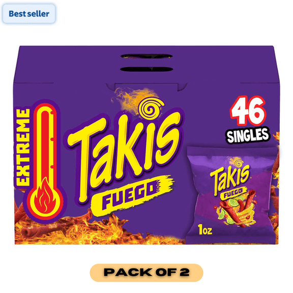 Takis Fuego Rolled Tortilla Chips, Hot Chili Lime, 1 oz Bags, 46 Count, Pack of 2