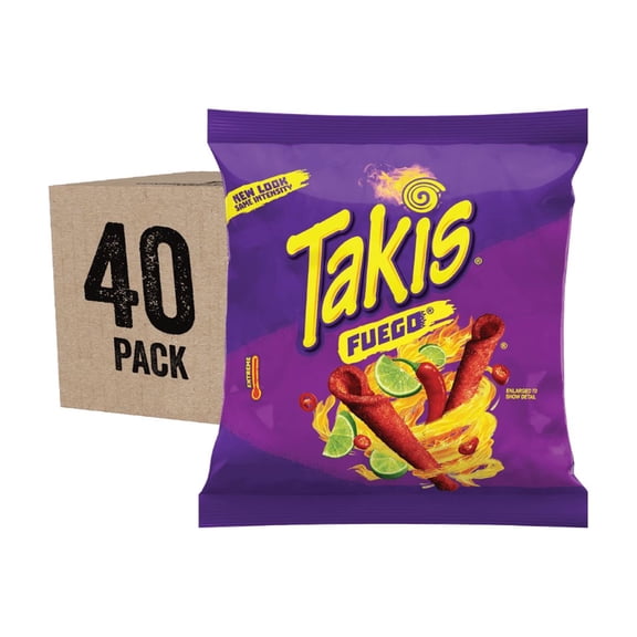 Takis Fuego Rolled Tortilla Chips Hot Chili Pepper & Lime, 3.25 oz Each ,40 Count Single Serve Bags